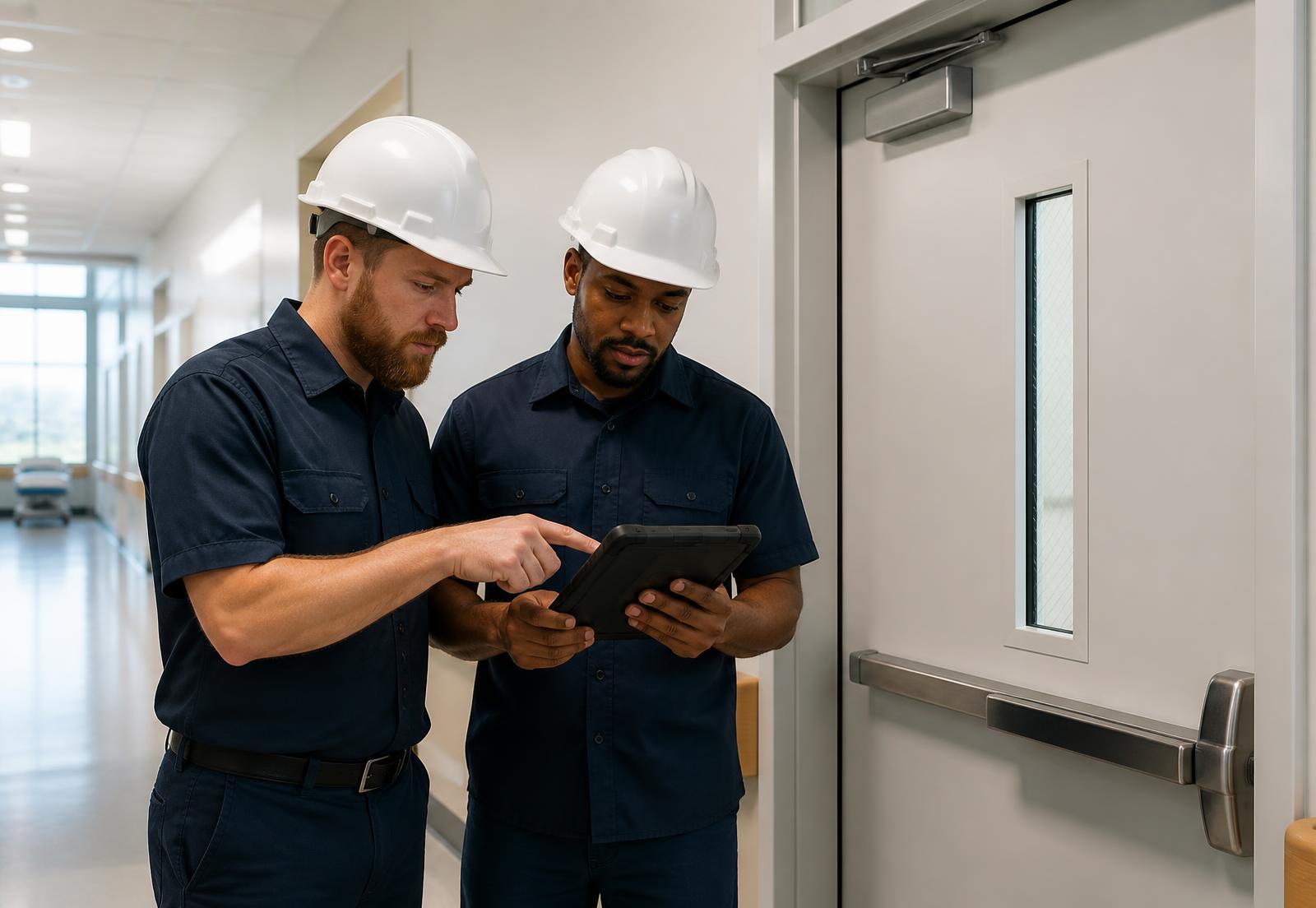 Life safety technicians coordinating inspection findings in the field