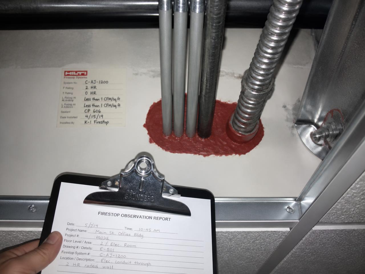 Firestop penetration condition being documented